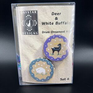 Deer Wht Buffalo Cross Stitch Drum Ornament Kit Native American Daystar Designs